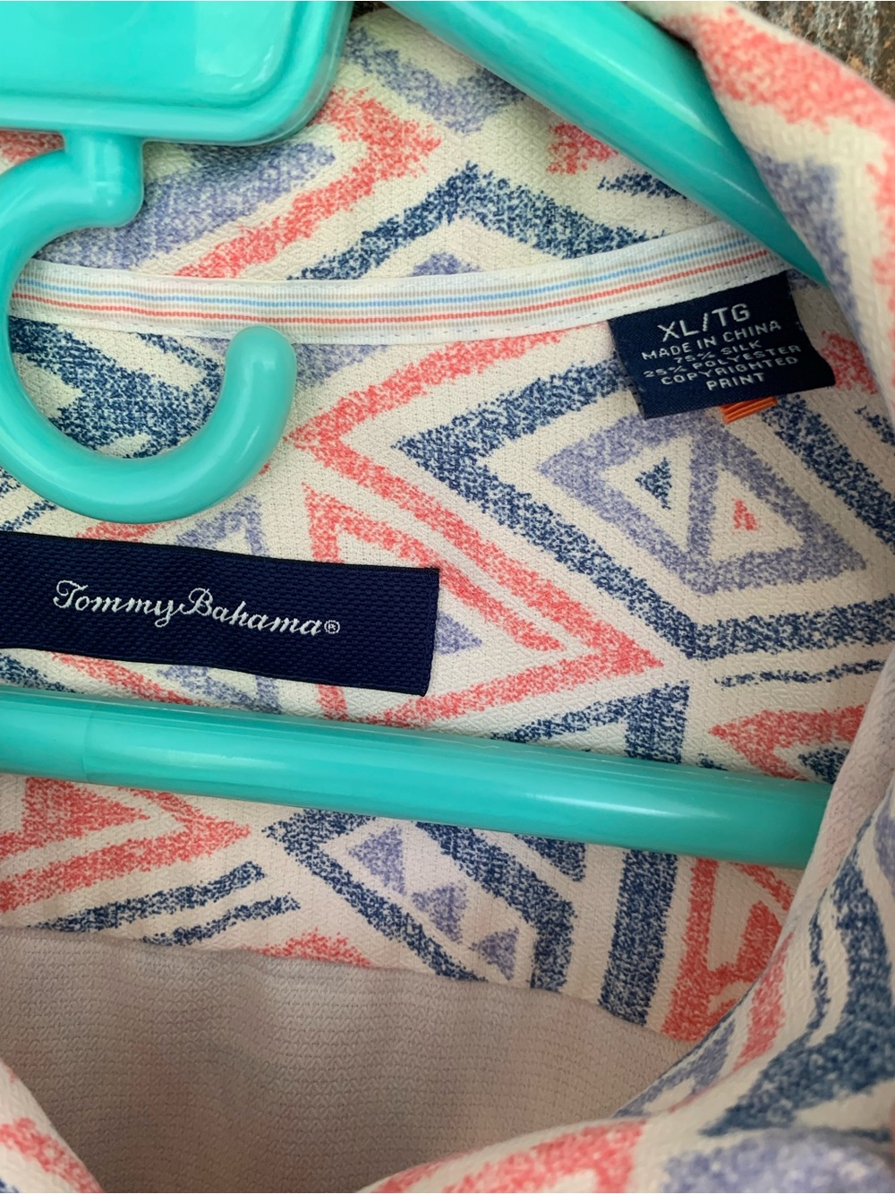 Tommy Bahama Short-Sleeve Button-Up in Coral & Blue Diamond Print - Picture 4 of 6